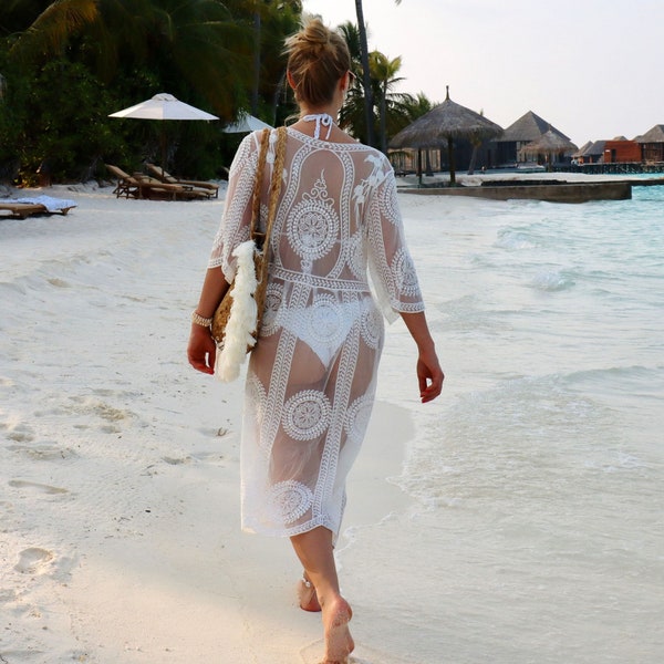 Long boho kimono FLORENCE beach dress transparent with lace