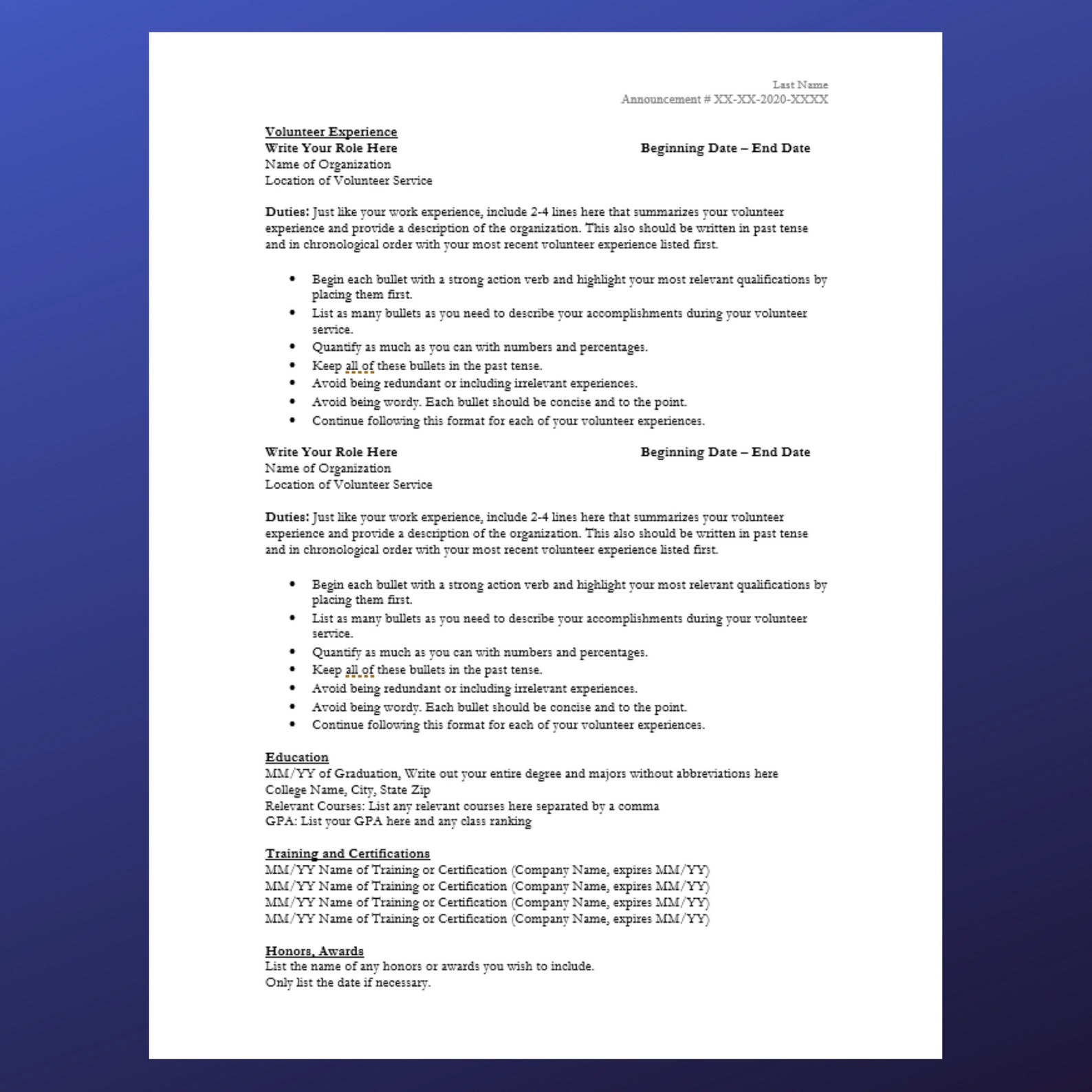 Federal Government Resume Template Microsoft Word Instant Etsy
