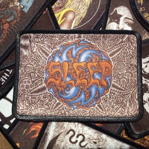 Parche de banda para coser con diseño de sueño. Chaqueta con accesorios de rock, metal, stoner, doom, mago y ácido.