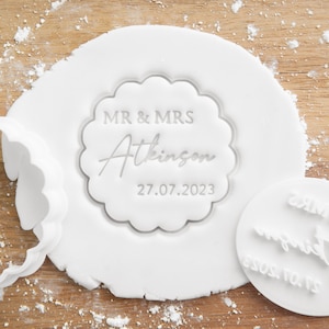 Personalised Mr & Mrs Name and Date Wedding Cookie Cutters and Fondant Stamps