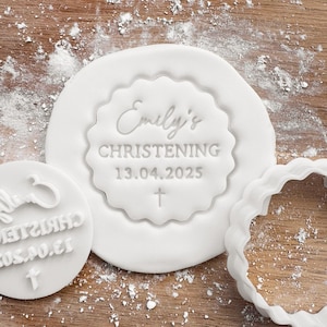 Personalised Christening Cookie Stamp and Fondant Cutter, Name Date and Cross Christening Party Favours, Biscuit Gift