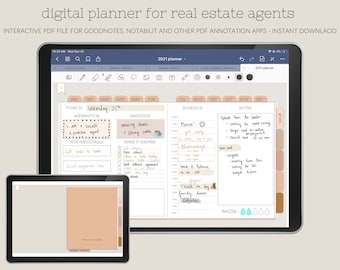 May include: A digital planner for real estate agents displayed on a tablet, with a smaller tablet showing a page of the planner. The planner's interface includes sections for affirmations, gratitude, and a schedule. The text "2021 planner" is visible.