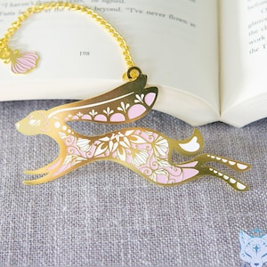 Floral Pink & Gold Rabbit Metal Bookmark - 3.75 inch Metal Bookmark, Book Accessories, Book Lovers Gift