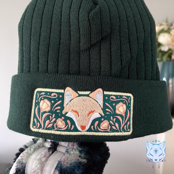 Fox Floral Embroidered Beanie - Green (with fleece lining!)
