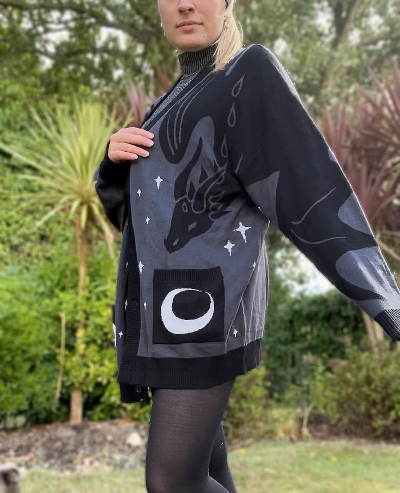 May include: A black and gray cardigan with a dragon design, stars, and a crescent moon pocket. The long-sleeved sweater has a button-up front and is worn over a turtleneck.