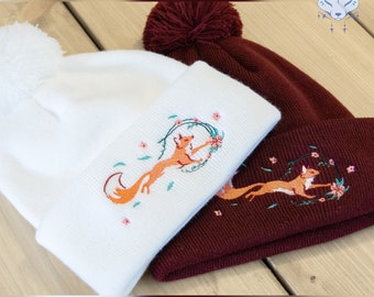 Spring Fox Beanie - Bobble hat beanie available in dark red or white