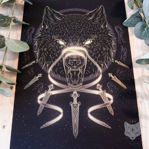 Fenrir Wolf Gold Foil Print: Norse Mythology Art (A4)