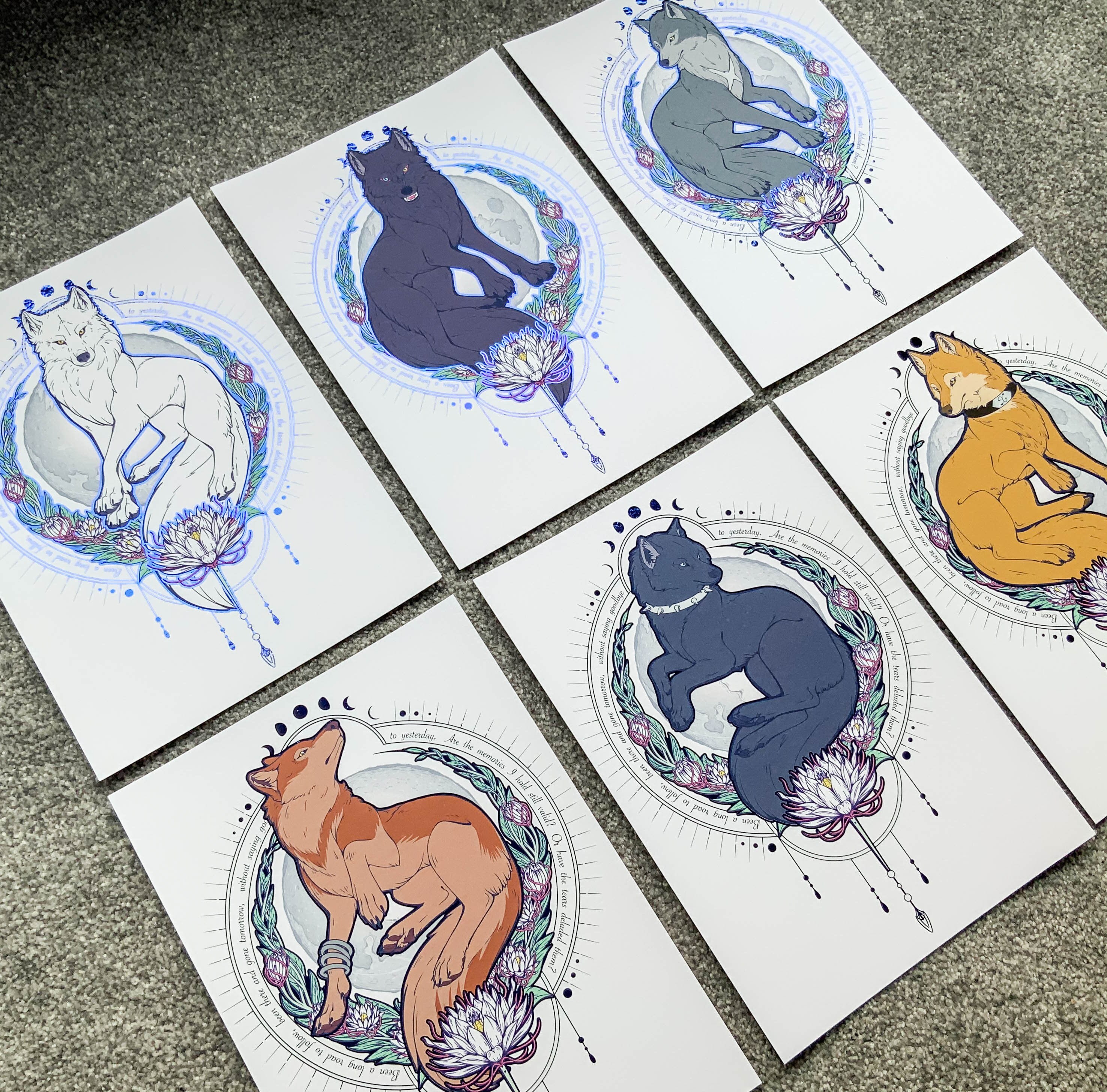 Wolf Pack FULL 6 PRINT SET  - A4 Blue Foil Prints, Wolf Print, Wolf A…