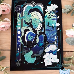 Svart & Blågrön Asiatisk Drake - A4 LIMITED UPPLAGA Blågrön Folie Konsttryck