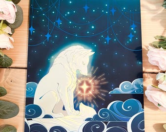 Lobo observando las estrellas - Impresión artística holográfica tamaño A4