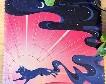 May include: A pink and blue illustration of a wolf running towards a sunrise with a crescent moon and stars in the background.