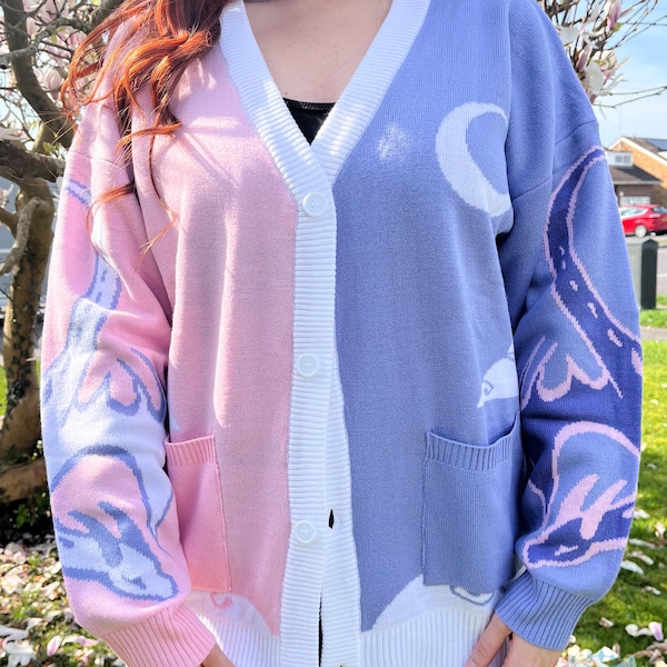 Asymetryczny kardigan w różowo-fioletowe wzory smoka