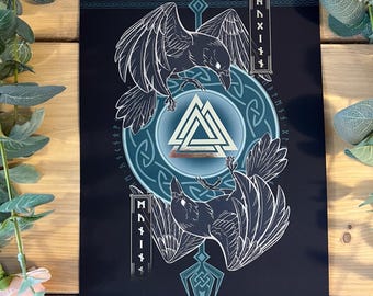May include: A black and white illustration of two ravens with outstretched wings, surrounding a blue and green valknut symbol with a Celtic knot design. The ravens are facing opposite directions, and the valknut is surrounded by runes.