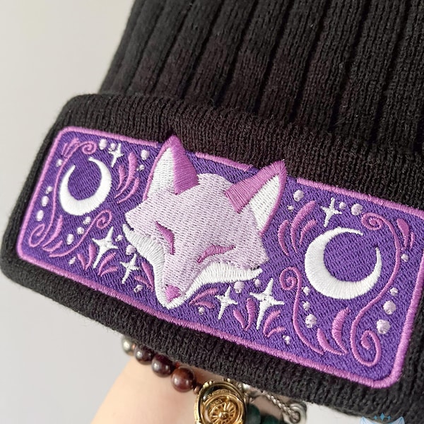 Purple Celestial Fox - Embroidered Fleece-Lined Beanie
