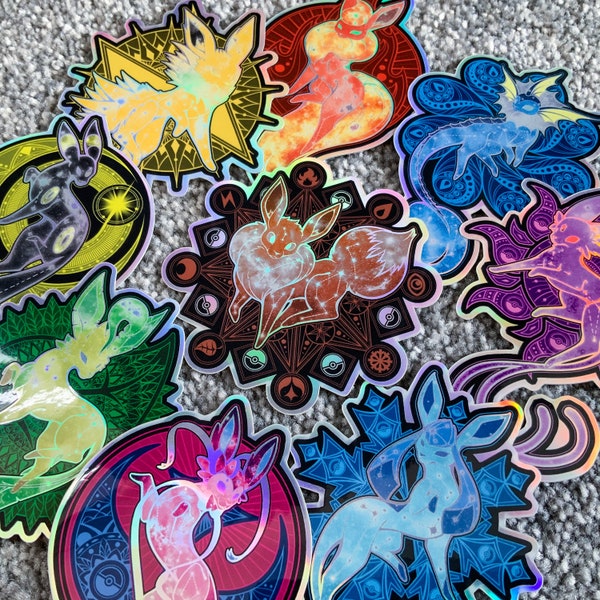 Eeveelution holographic sticker set - holo sticker set, fox stickers, elemental animal stickers