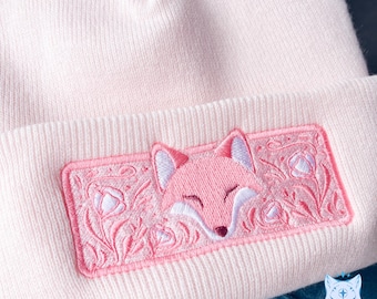 Fox Floral Embroidered Beanie - Pink