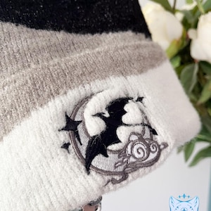 Celestial Moon Dragon - 75 % Recycled Plastic - Black & Cream Embroidered Beanie