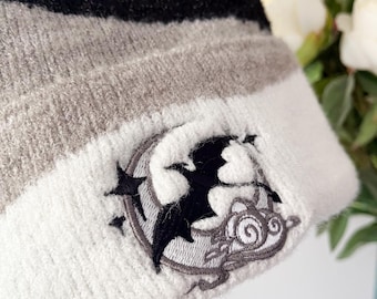 Celestial Moon Dragon - 75 % Recycled Plastic - Black & Cream Embroidered Beanie