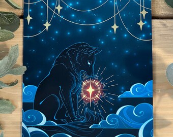 Protegiendo la luz de las estrellas - Impresión de lobo celestial en lámina dorada tamaño A5