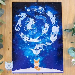 Starry Evolutions - A4 (21 x 29.7 cm / 8.27 x 11.69" Holographic Foil Print, Fox Constellation Print, Starry Sky Print, Galaxy Art