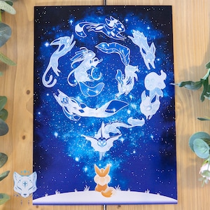 Starry Evolutions - A4 (21 x 29.7 cm / 8.27 x 11.69" Holographic Foil Print, Fox Constellation Print, Starry Sky Print, Galaxy Art