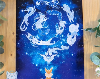 Starry Evolutions - A4 (21 x 29.7 cm / 8.27 x 11.69" Holographic Foil Print, Fox Constellation Print, Starry Sky Print, Galaxy Art