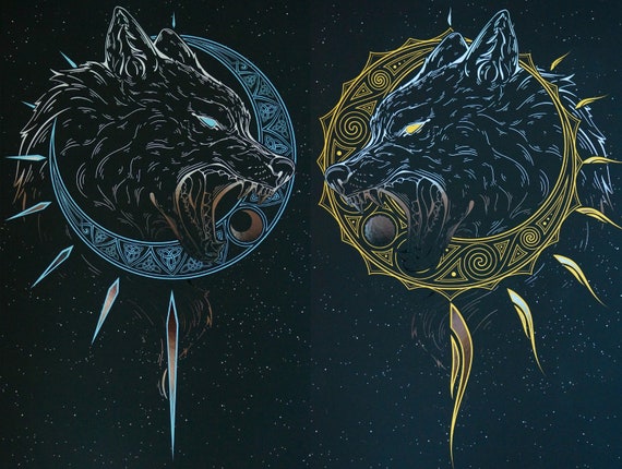 Digital Prints A3 Skoll and Hati Poster Fenrir Wolf Decor Mythology