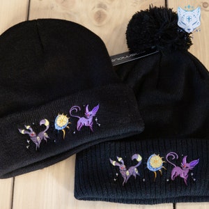 Black & Purple Cat Beanie - Fleece lined Bobble hat or 'Thinsulate' 50% recycled acrylic Beanie in black