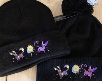 Black & Purple Cat Beanie - Fleece lined Bobble hat or 'Thinsulate' 50% recycled acrylic Beanie in black