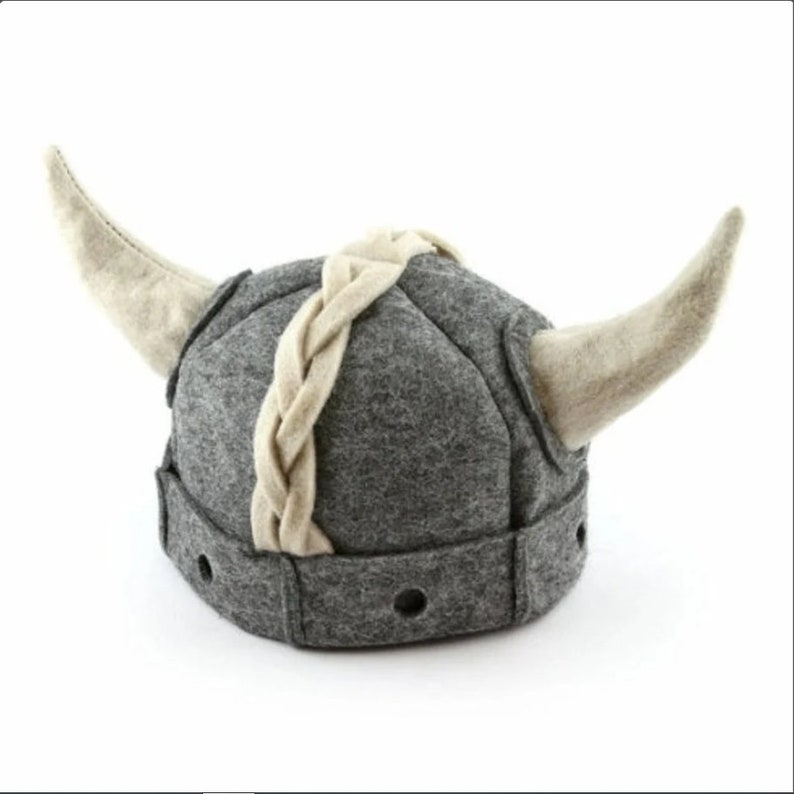 May include: A gray felt Viking hat with a braided design and two white felt horns.