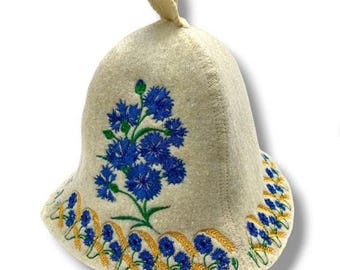 Bath and sauna hat made of natural felt, Cornflowers.