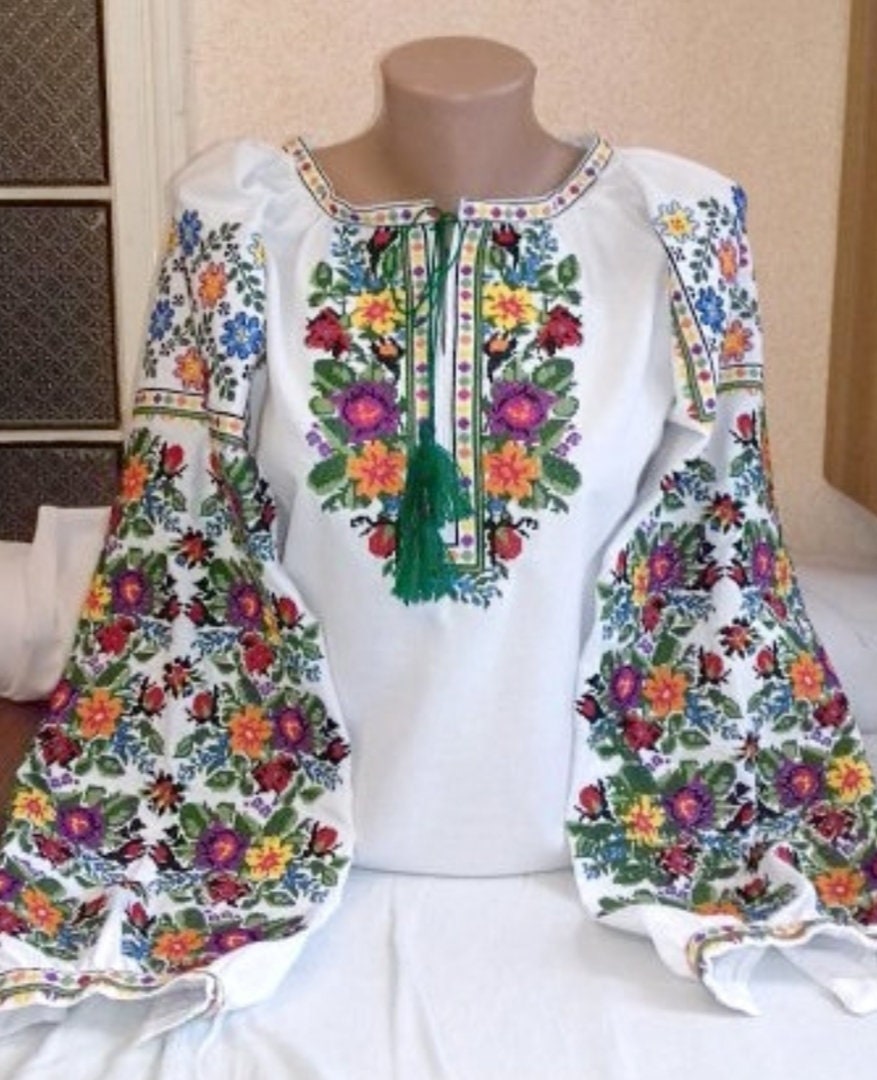 Women's White Blouse with Bright CrossStitch Embroidery Etsy