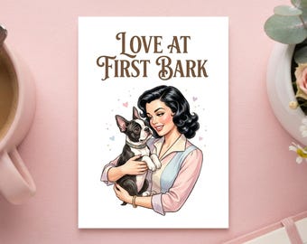 Boston Terrrier Hundekarte Vintage Retro Stil | Grußkarte für Hundeliebhaber, Postkarte Dog Mom