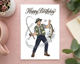 Angeln Geburtstagskarte Vintage Retro Stil | Fischer Grußkarte & Geburtstags Postkarte Geschenkidee