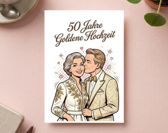 50 Jahre Liebe Karte Vintage Paar Illustration | Goldene Hochzeit 50 Jahre Ehe & gemeinsames Leben Grußkarte