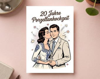 Porzellanhochzeit Karte 20 Jahre Ehe Vintage Paar Illustration | 20 Jahre Ehe Jubiläum Glückwunschkarte