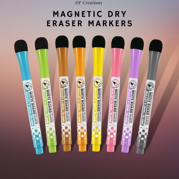Marcadores, bolígrafos magnéticos de borrado en seco para pizarra, 8 bolígrafos premium de colores variados, de bajo olor y no tóxicos, punta fina, tapa con goma de borrar
