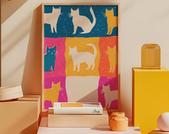 Colorful Cats Print: Modern Risograph-Inspired Cat Art (Digital Download)