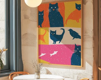 Colorful Cats Print: Modern Risograph Style Wall Art (Digital Download)
