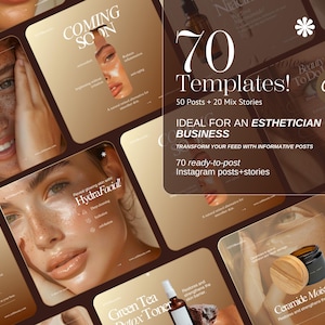 Peut inclure: 70 modèles de publication et d'histoire Instagram pour une entreprise d'esthétique. Les modèles présentent un schéma de couleurs brun et or avec des images de produits de soins de la peau et de mannequins. Le texte "70 modèles !" est en grande police blanche. Le texte "Idéal pour une entreprise d'esthétique" est en police blanche plus petite. Le texte "Transformez votre fil d'actualité avec des publications informatives" est en police blanche plus petite. Le texte "70 publications Instagram prêtes à publier + histoires" est en police blanche plus petite.