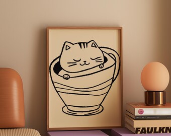 Cat in Cup Print: Minimalist Risograph Style Wall Art (Digital Download)
