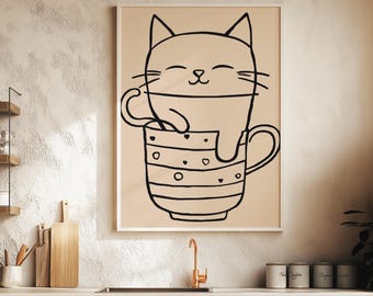 Cat in Teacup Line Art Print: Kawaii Nursery Decor (Digital Download)