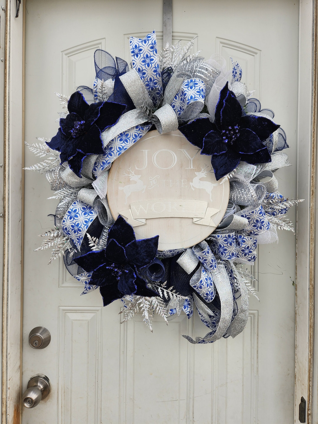 Elegant Blue and Silver Christmas Wreath for Front Door, Glam Glittery ...