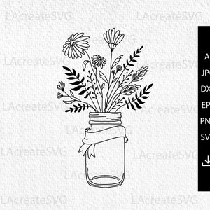 Peut inclure: Un dessin au trait noir et blanc d'un bocal en verre rempli d'un bouquet de fleurs sauvages. Le bocal est orné d'un ruban.