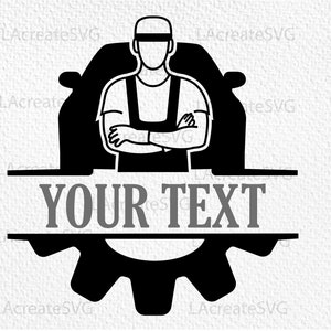 May include: Black and white silhouette of a mechanic standing in front of a car with a gear and the text "YOUR TEXT" below.