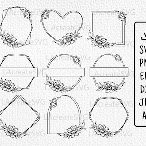 9 Peony Floral Wreath Bundle Svg Png Dxf, Split monogram Wedding flower Wreath Cut file, Wreath svg farm, Circle heart frame Silhouette