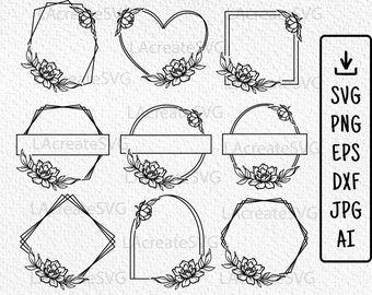 9 Peony Floral Wreath Bundle Svg Png Dxf, Split monogram Wedding flower Wreath Cut file, Wreath svg farmhouse, Circle heart frame Silhouette