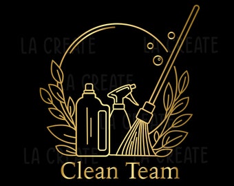 Puede incluir: Ilustración de contorno dorado de un conjunto de productos de limpieza con una botella de spray, una botella de solución de limpieza y una escoba con un círculo alrededor. El texto "Clean Team" está debajo de la ilustración.