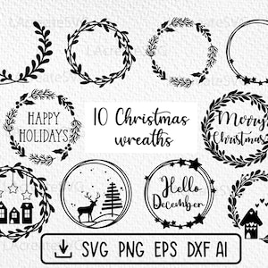 10 kerstkrans bundel SVG PNG, winter cirkel krans, kerst ornament home decor SVG gesneden bestand, kerst ronde teken SVG
