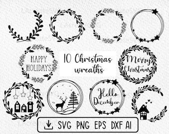 10 Christmas wreath bundle SVG PNG, Winter circle wreath, Xmas ornament home decor svg cut file, Christmas round sign svg